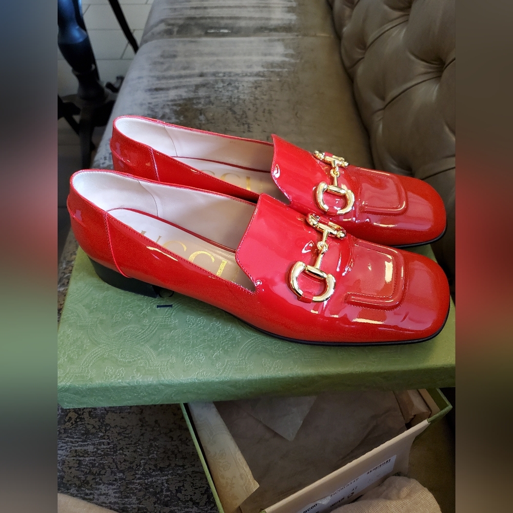 Gucci Red Patent Leather Horsebit Loafers
